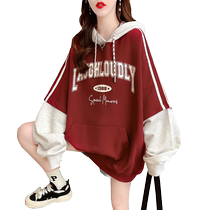 Large size womens contrasting color stitching sweatshirt womens spring and autumn 2023 new fake two-piece tops fashionable foreign jacket trend