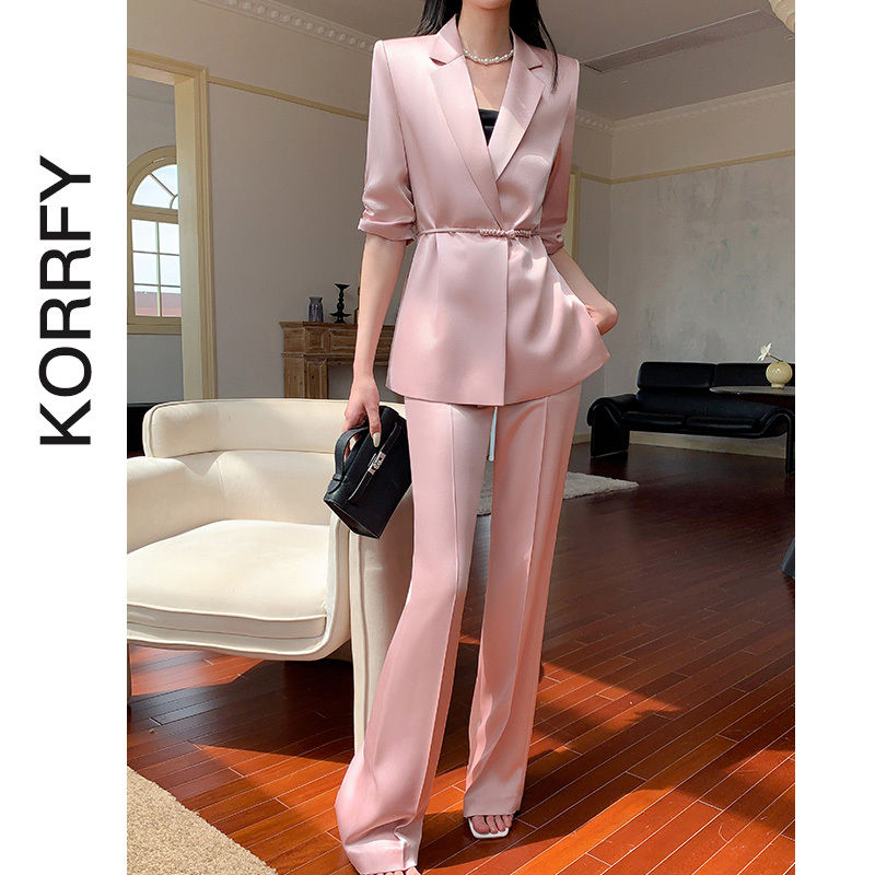 Acetate Satin Blazer for Women 2025 Summer New Pink Casual Chinese Style Top Fashion Suit Set