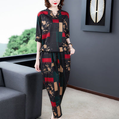 网红爆款套装新款春夏冰丝短袖大码中老年妈