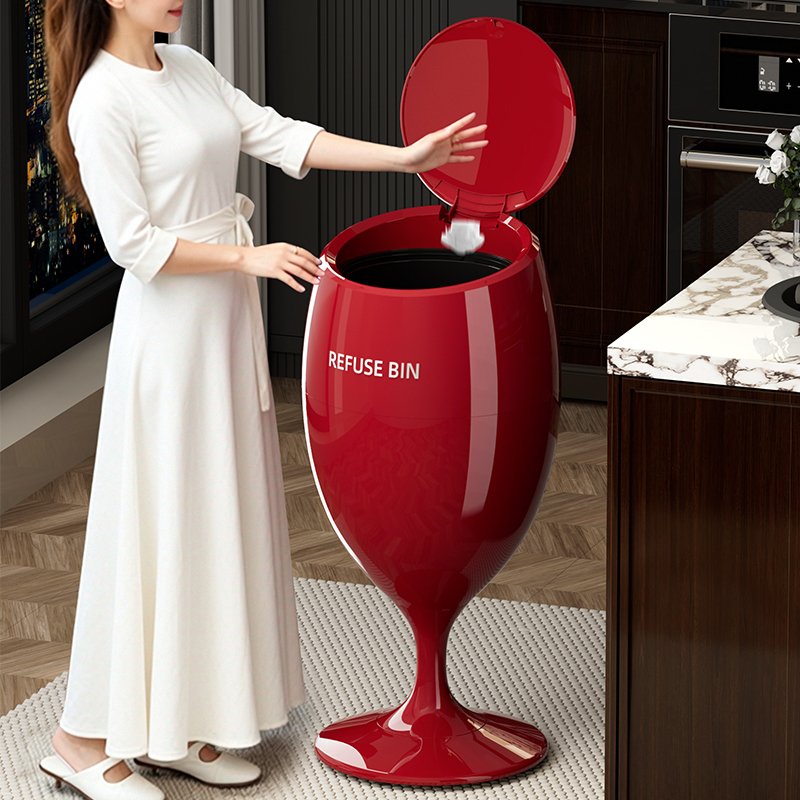 Trash Can with Wine Glass Holder, Creative Storage Bin with Press-Open Lid, Double Bin Cleaning Bucket, Living Room Mobile Hidden Wheel Sanitary Bin