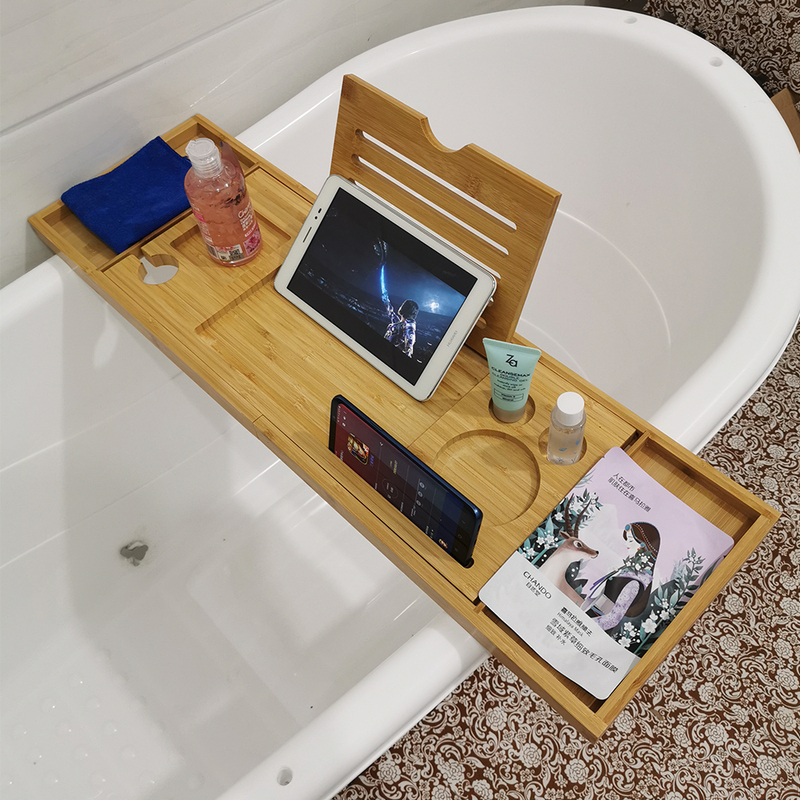 Bathtub Storage Rack, Bath Stand, Bathtub Holder for Mobile Phone and Towel, Telescopic Non-Slip Storage Board Tray, Bamboo Material Bathtub Storage Rack, Bath Stand, Bathtub Holder for Mobile Phone and Towel, Telescopic Non-Slip Storage Board Tray, Bamboo Material