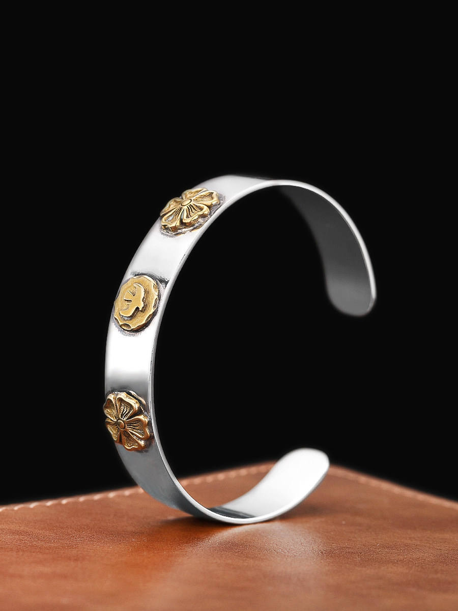 S  GLOSSY FLAT DOTTED GOLD ROSE FLOWER BRACELET MENS HIP HOP TREND PERSONALITY FLYING BIRD PRINTING PLATFORM OPEN BRACELET