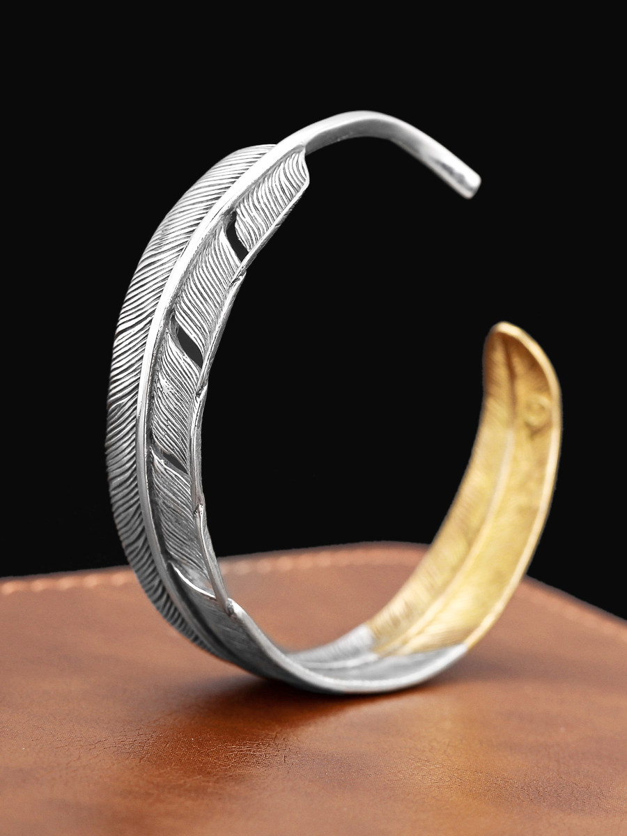THAI SILVER PERSONALITY DISTRESSED TWO-COLOR FEATHER BRACELET MENS S  COUPLE NICHE SIMPLE AND VERSATILE OPEN BRACELET