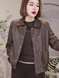 2024 ປີໃຫມ່ຂອງແມ່ຍິງ PU Leather Jacket Casual Loose Motorcycle Wear Fashion POLO Collar Temperament Top Jacket