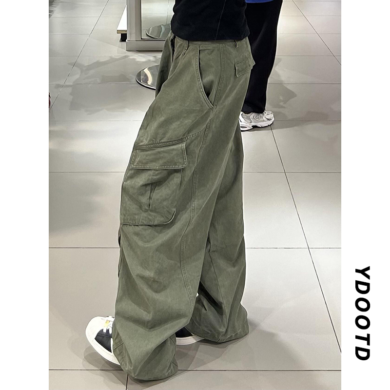 American-Style Retro Green Loose Wide-Leg Pants with a Unique Design, Niche Vintage Pants, Trendy Brand Pleated Casual Pants