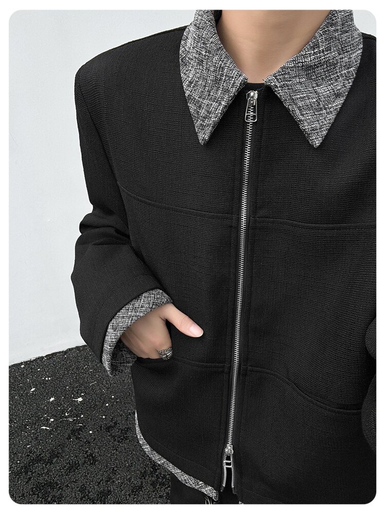 Джинсовая рубашка 美式复古短款垫肩小香风夹克cleanfit撞色拼接翻领外套男宽松上衣