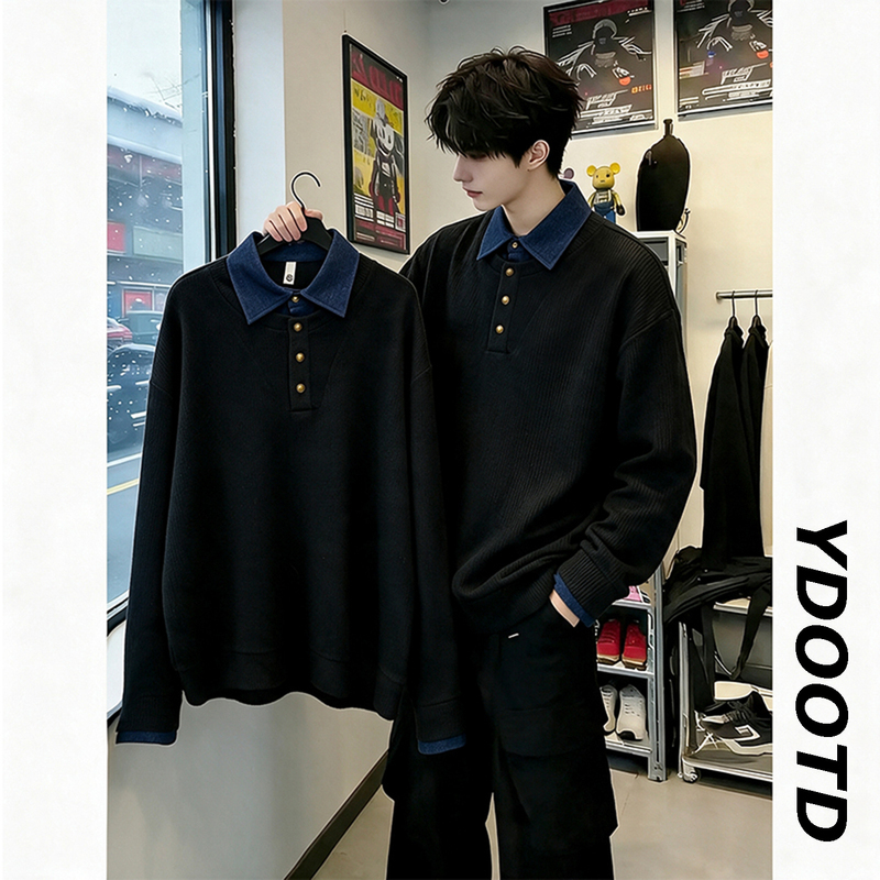 Black Faux Two-Piece Denim Lapel Sweater for Men and Women, American Retro Cleanfit High-End Knitwear