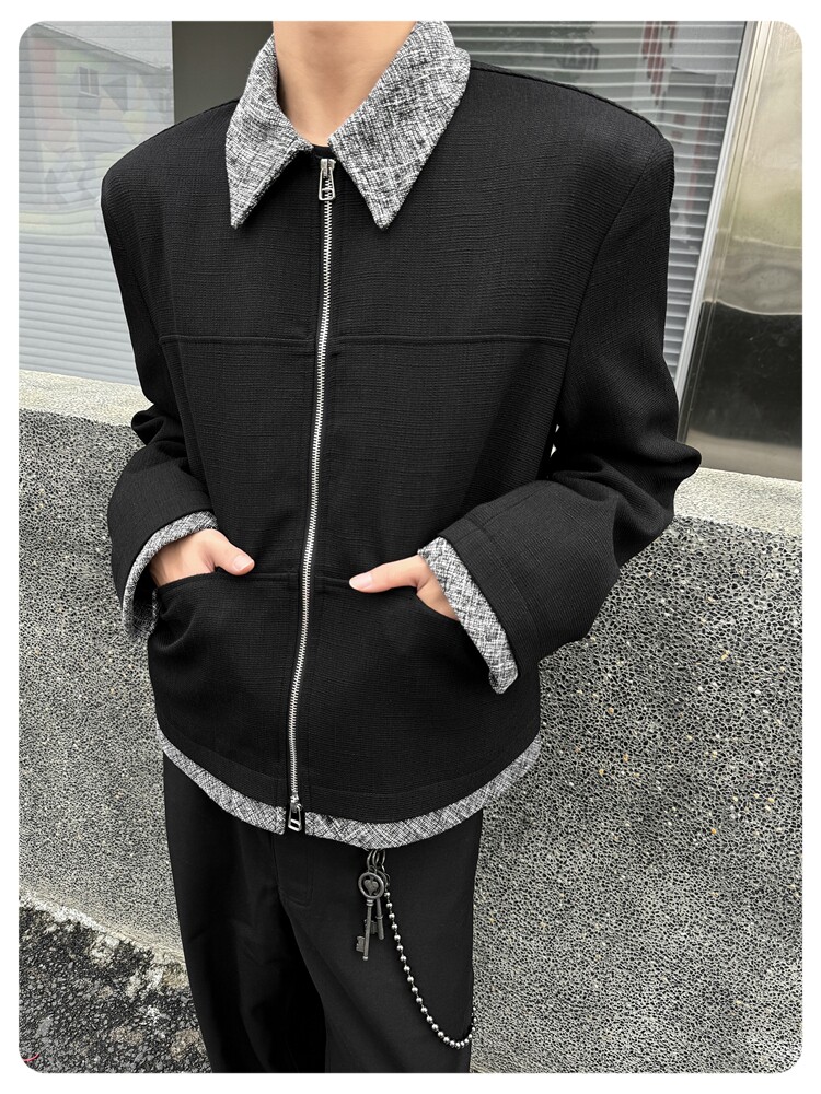 Джинсовая рубашка 美式复古短款垫肩小香风夹克cleanfit撞色拼接翻领外套男宽松上衣