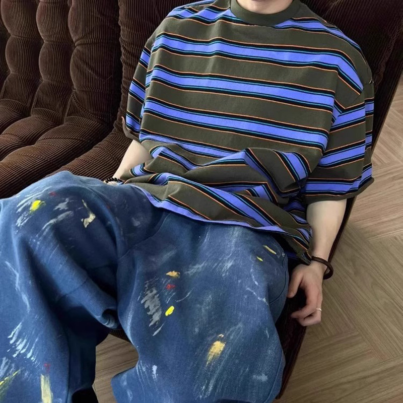 Джинсовая рубашка 重磅紫色条纹短袖t恤cleanfit美式休闲半袖上衣高级感小领口体恤