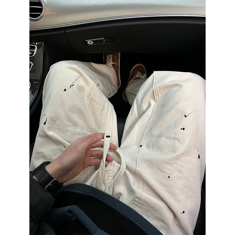 American Retro Splatter Paint White Denim Pants for Men B01 Double Knee Lumberjack Pants Vintage Drawstring Straight Pants