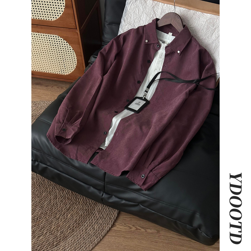Men's Autumn High-End American-Style Rivet Button Peach Velvet Long-Sleeve Shirt Jacket in Plum Purple Suede