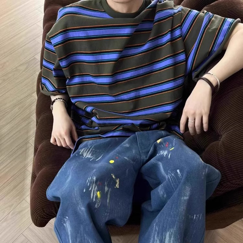 Джинсовая рубашка 重磅紫色条纹短袖t恤cleanfit美式休闲半袖上衣高级感小领口体恤