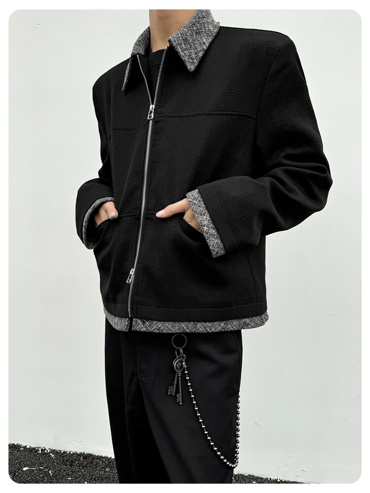 Джинсовая рубашка 美式复古短款垫肩小香风夹克cleanfit撞色拼接翻领外套男宽松上衣