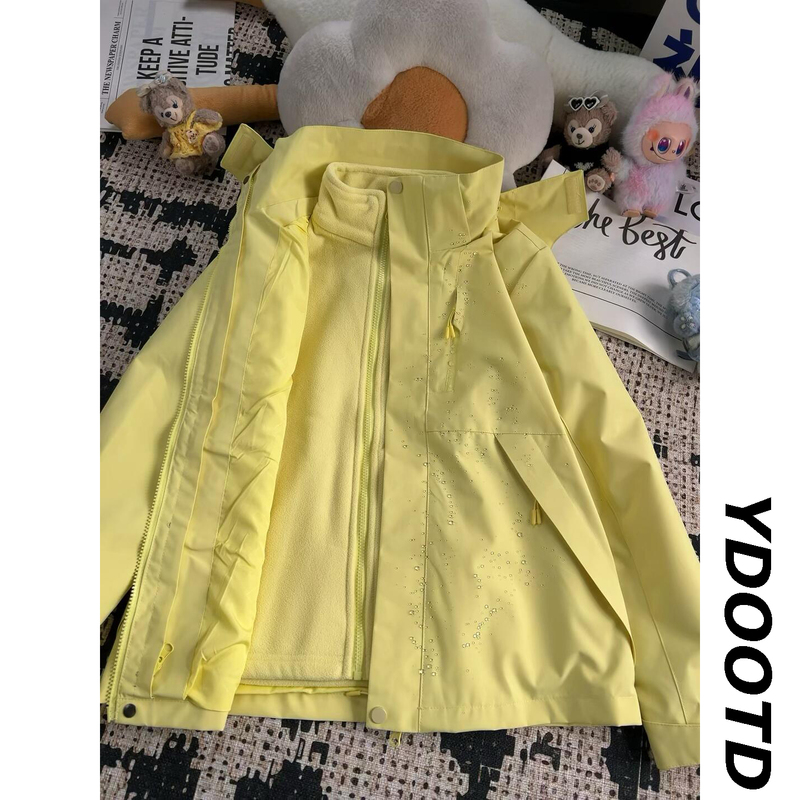 Goose Yellow Softshell Jacket for Men and Women, Three-In-One Detachable Liner Jacket, Outdoor Warm Windproof Mountaineering Clothing Goose Yellow Softshell Jacket for Men and Women, Three-In-One Detachable Liner Jacket, Outdoor Warm Windproof Mountaineering Clothing