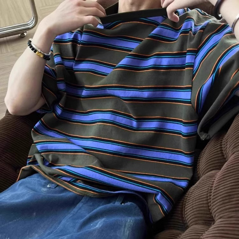 Джинсовая рубашка 重磅紫色条纹短袖t恤cleanfit美式休闲半袖上衣高级感小领口体恤