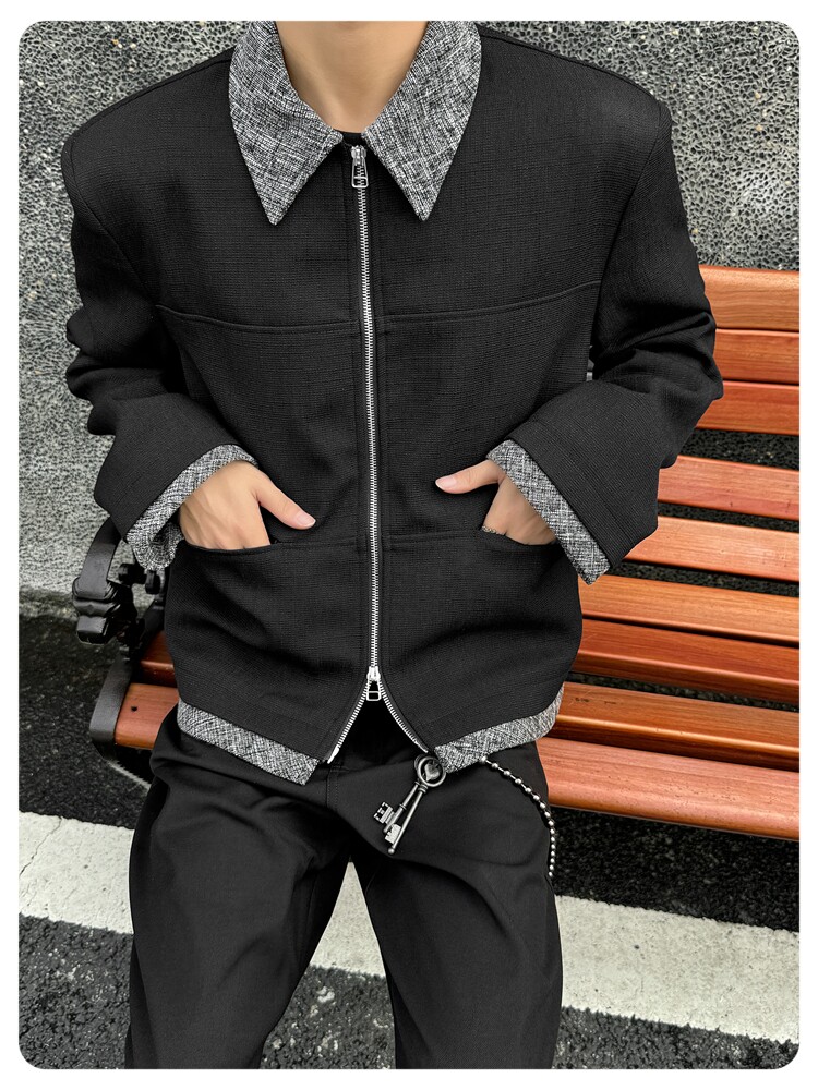 Джинсовая рубашка 美式复古短款垫肩小香风夹克cleanfit撞色拼接翻领外套男宽松上衣