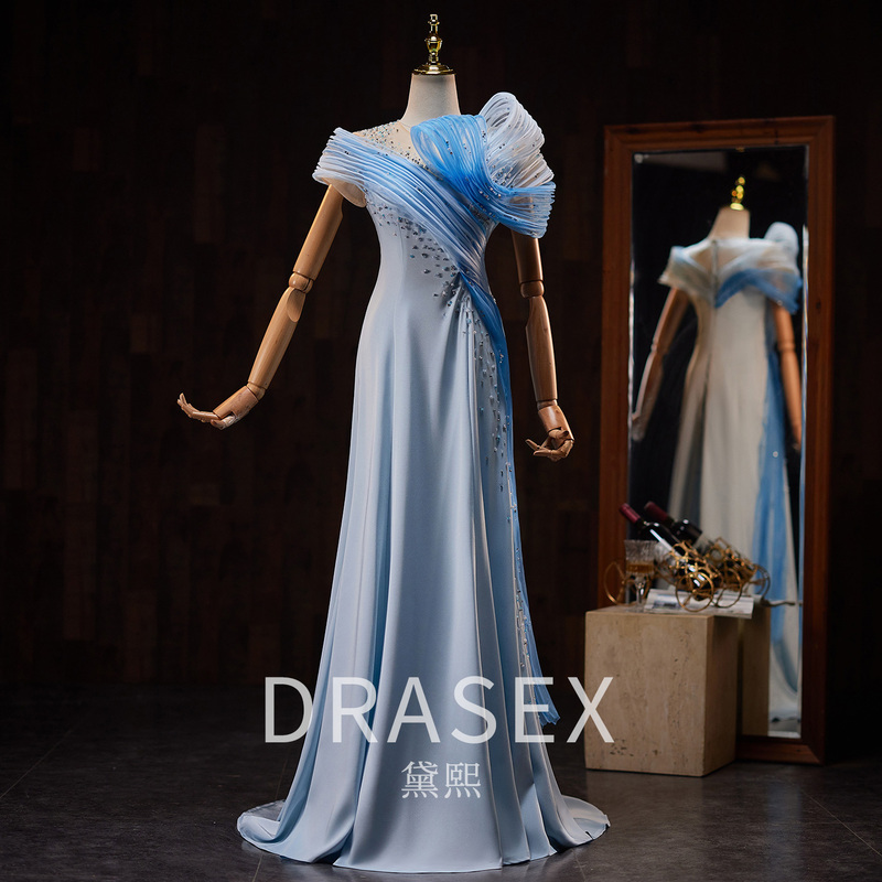 Elegant Gown with Intricate Embellishments for Art Exams, Slim-Fit Solo Performance Costume for Guzheng, Model Runway Show Outfit, Stage Performance Evening Dress, Host Evening Gown