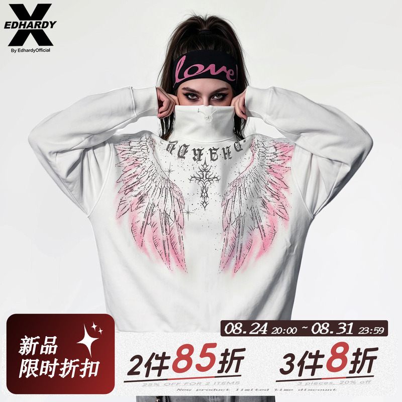 Edhardyx Guardian Wings Stand-Up Collar Sweatshirt, Unisex, Loose-Fitting, American Casual Trendy Brand Top, Printed Couple's Wear Edhardyx Guardian Wings Stand-Up Collar Sweatshirt, Unisex, Loose-Fitting, American Casual Trendy Brand Top, Printed Couple's Wear