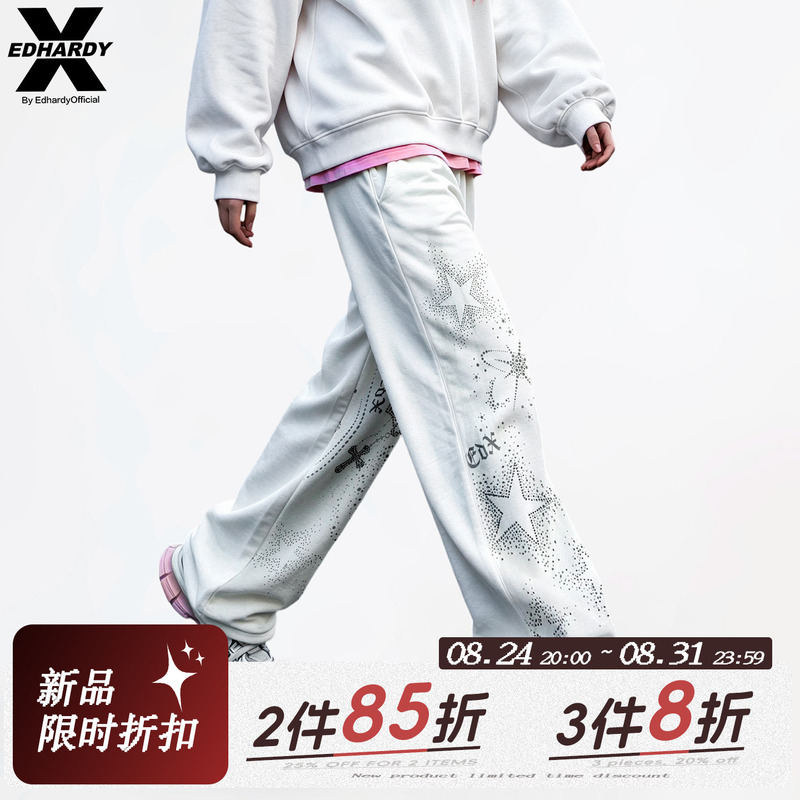 Edhardyx Half-Print Scattered Star Pattern Straight-Leg Pants Loose Rhinestone Long Pants American Style Trendy Brand Unisex Couple's Matching Pants Edhardyx Half-Print Scattered Star Pattern Straight-Leg Pants Loose Rhinestone Long Pants American Style Trendy Brand Unisex Couple's Matching Pants