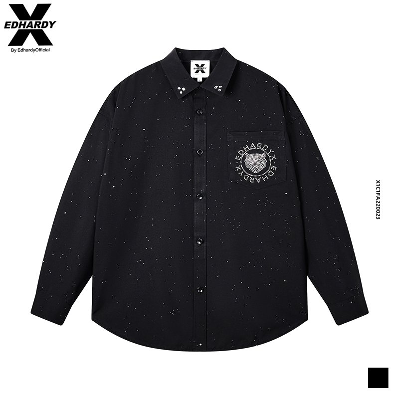 Ed Hardy X New Tiger Head Hot-Stamped Rhinestone Starry Sky Trendy Unisex Long-Sleeve Shirt X1C1Fa220023