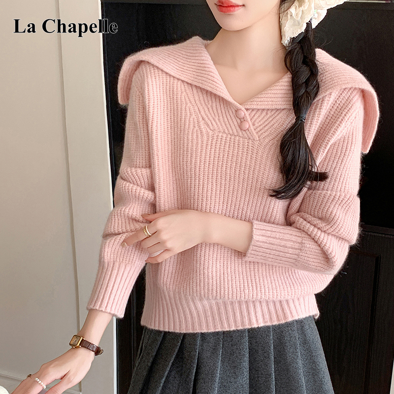 La Chapelle 2025 Autumn/Winter Vintage Navy Collar Knit Sweater for Women, Korean Style Versatile Design Lapel Sweater Top