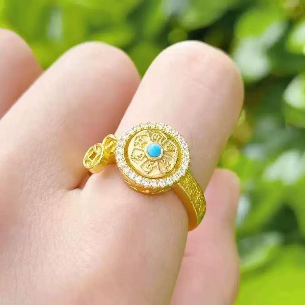 National fashion copper silver-plated handmade jewelry, versatile light luxury gold glue Tibetan mantra rotating ring ring gift