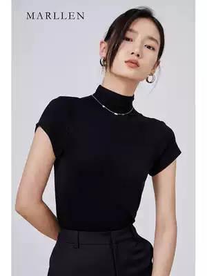 Marllen black short sleeve high collar female summer 2021 New High bomb niche design sense slim top