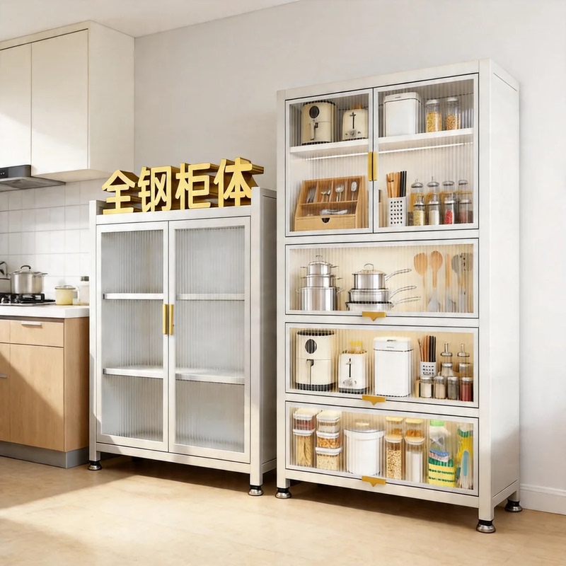 Kitchen Storage Rack, Household Multi-Functional Storage Cabinet with Wheels, Movable Double-Door Integrated Dust-Proof Cabinet, Storage Cabinet