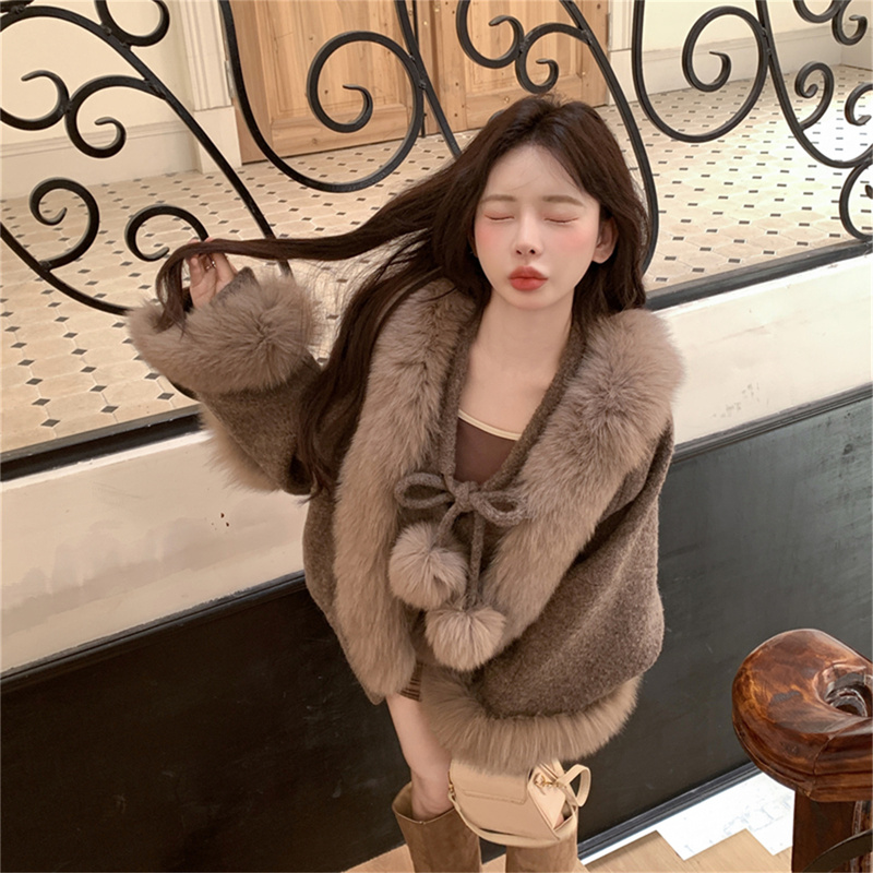 Dd Fur "Little Snowball" Fox Fur Wool Coat Short Batwing Sleeve Cape Jacket Short Style