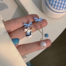 Blue butterfly bow earnails lovely sweet rabbit asymmetric earrings in 2021 new tide ear accessories