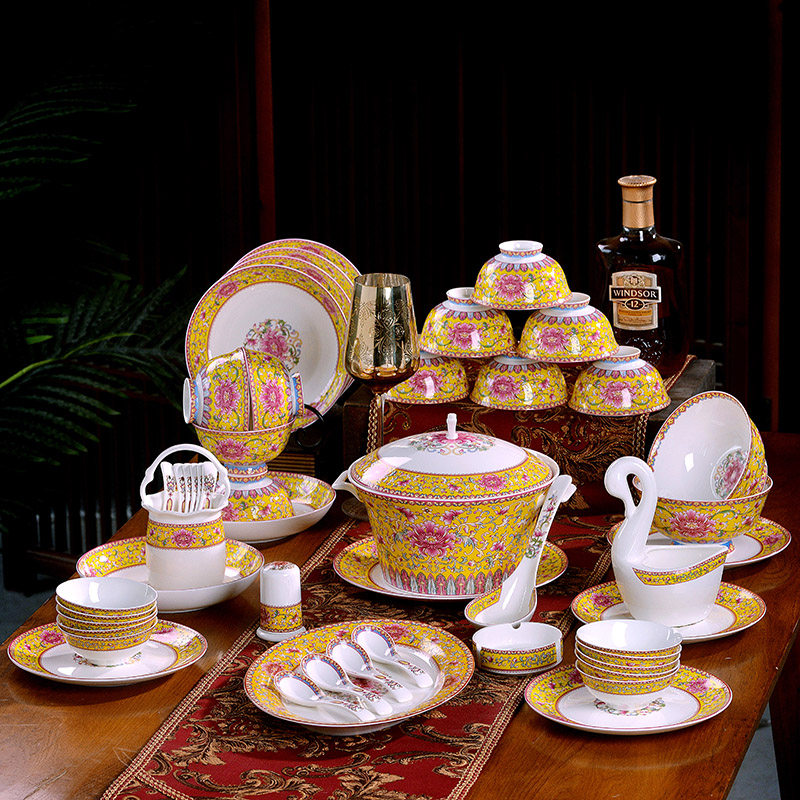 Jingdezhen ceramic dishes set enamel color bone porcelain tableware Chinese style high-grade household bowl combination housewarming gifts