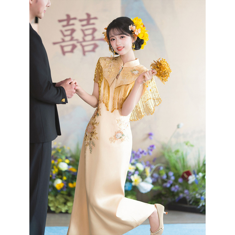 Stunning Bridal Cheongsam with a High-End Feel, Elaborate Gold Engagement Dress, High-End New Chinese Style Wedding Toast Dress, Morning Gown