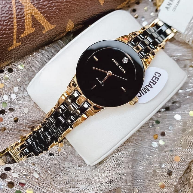 Керамический ремешок Anne Klein AK/1610BKGB, черный с золотым драгоценным вкраплением, простое темпераментное кварцевое женское часы