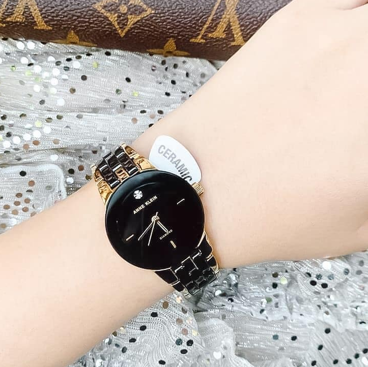 Керамический ремешок Anne Klein AK/1610BKGB, черный с золотым драгоценным вкраплением, простое темпераментное кварцевое женское часы