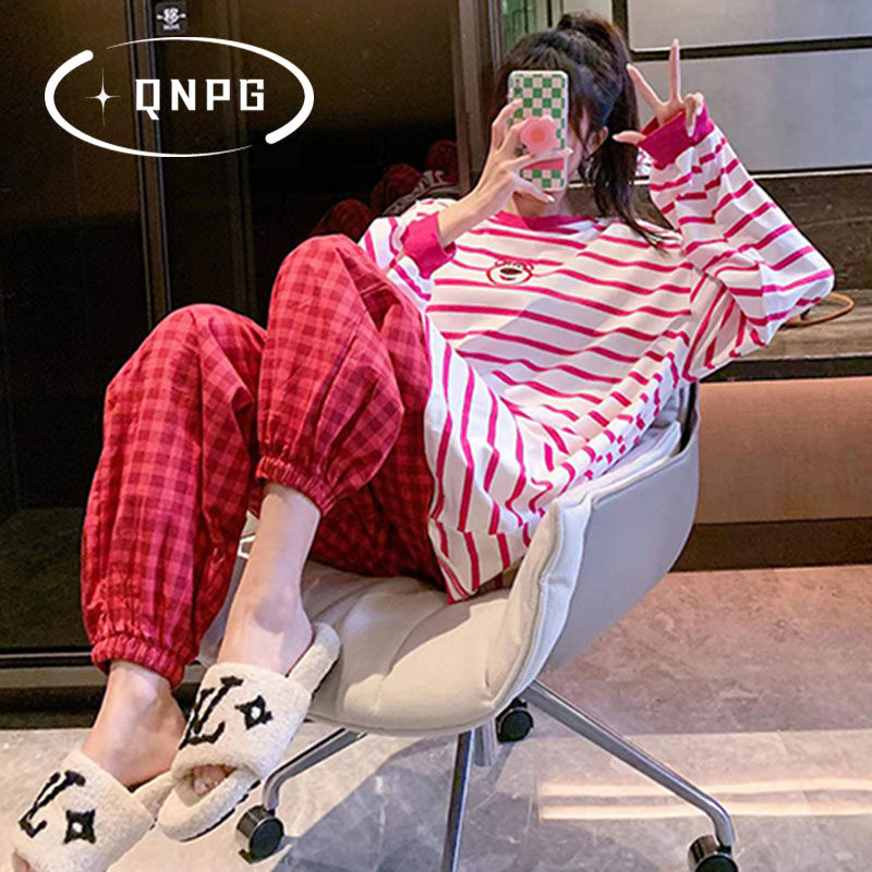 Japanese strawberry bear pure cotton pyjamas woman autumn and winter long sleeve cartoon sweet and beautiful red Ben-year striped home dress-Taobao