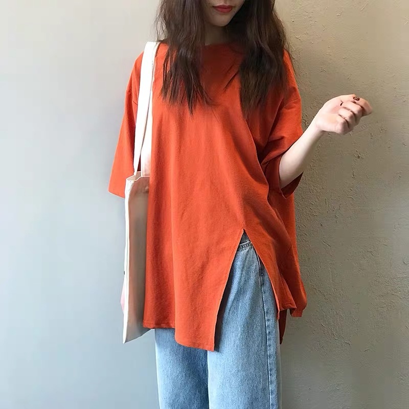 Harbor taste ancient with short sleeve t-shirt female irregular open fork loose blouses Korean version Summer design feeling small and half sleeve t