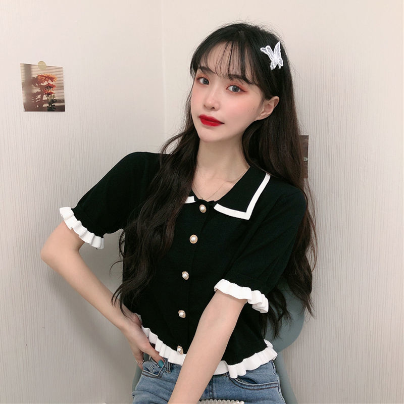 2020 New Knitted Doll Shirt Korean Style Short Sleeve T-shirt Women's Summer Mahogany Ears Short Umbilical Tops Ins Trendy