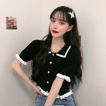 2020 new knit doll cardiovert Korean version short sleeve t-shirt female summer net red wood ear edge short truffle blouse surge