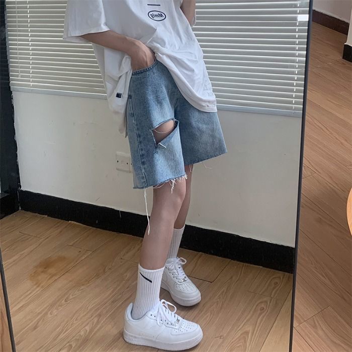 Red hole jeans shorts female in tide five pants loose straight waist and thin legs five-score pants female summer