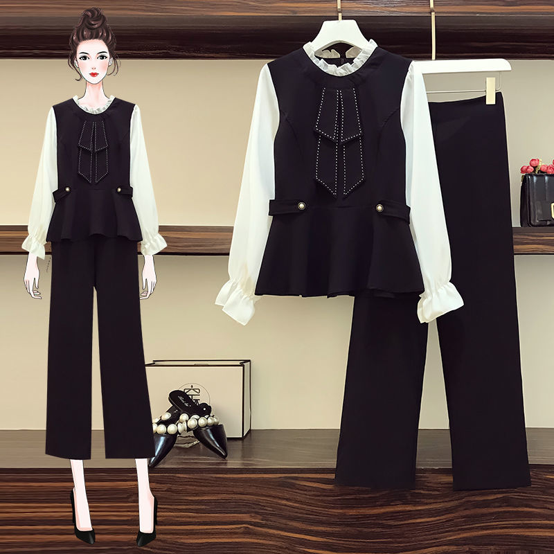 Large size women's clothing 2020 new fat MM Europe station Early autumn foreign Han version Covered Meat Splicing Straight Drum Pants Two-piece Style Suit