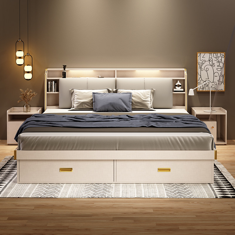 Bed light extravagant modern minimalist high box containing bed Nordic main sleeper double containing bed with lamp tatami plate type wedding bed