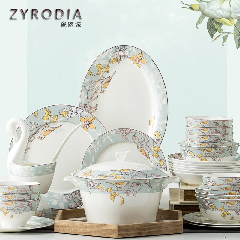 ZYRODIA Chinese simple household bone china tableware set ceramic tableware Jingdezhen plate and dish combination