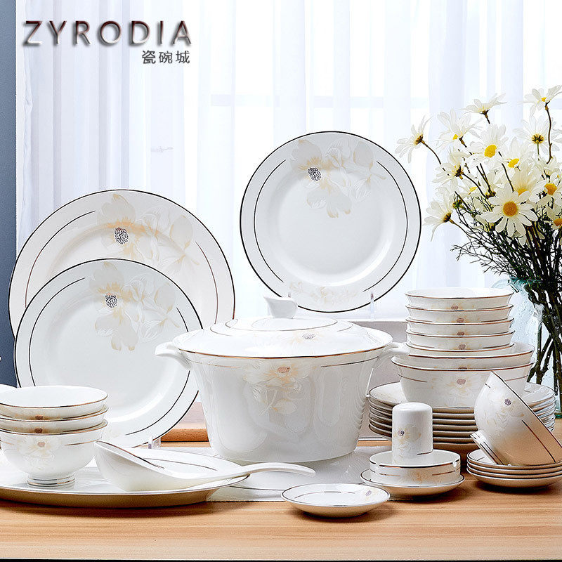 ZYRODIA European-style eating bowl household 60-piece bowl and plate set ceramic bowl plate bowl combination Jingdezhen bone china