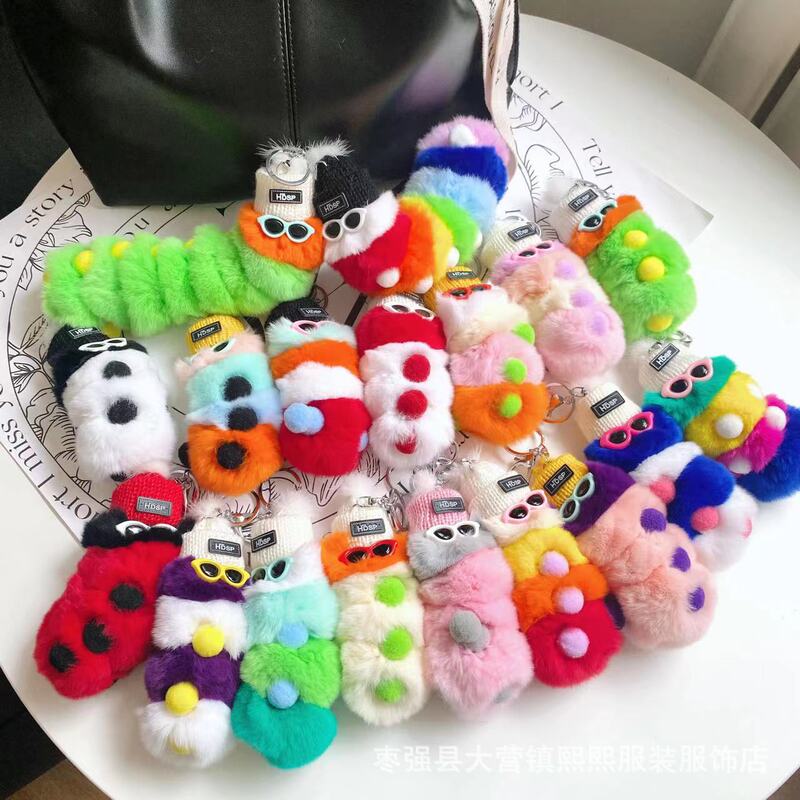ins Real Rex Rabbit Fur Cute and Adorable Caterpillar Bag Pendant Car Keychain Ornament Doll Toy