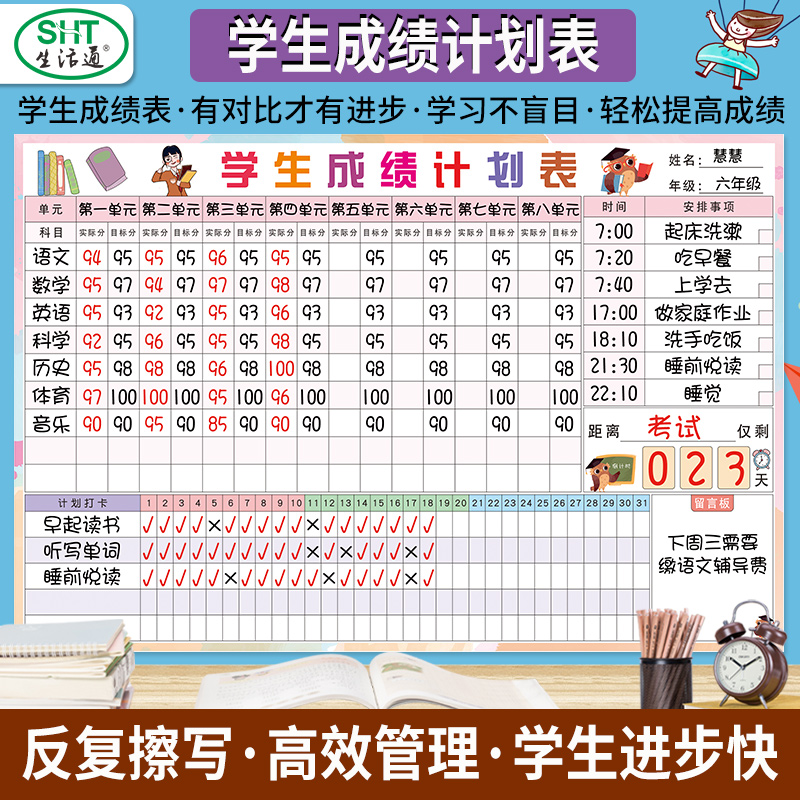 Life Through Student Learning Achievement Record Table Elementary School Students Class Schedule Wall Stickers Target Plan Table Children information Time Self-discipline beating card Wall Kindergarten Planning Table Countdown Exam