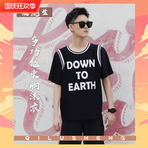 Qi Lusheng handsome t swimsuit women les neutral quick-drying large size short sleeve bandage hot spring handsome t chest swimsuit suit