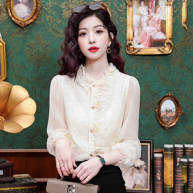 Женская шифоновая рубашка с объемным цветочным кружевом во французском дворцовом стиле, высококачественная темпераментная рубашка с длинными рукавами, шикарный и красивый топ