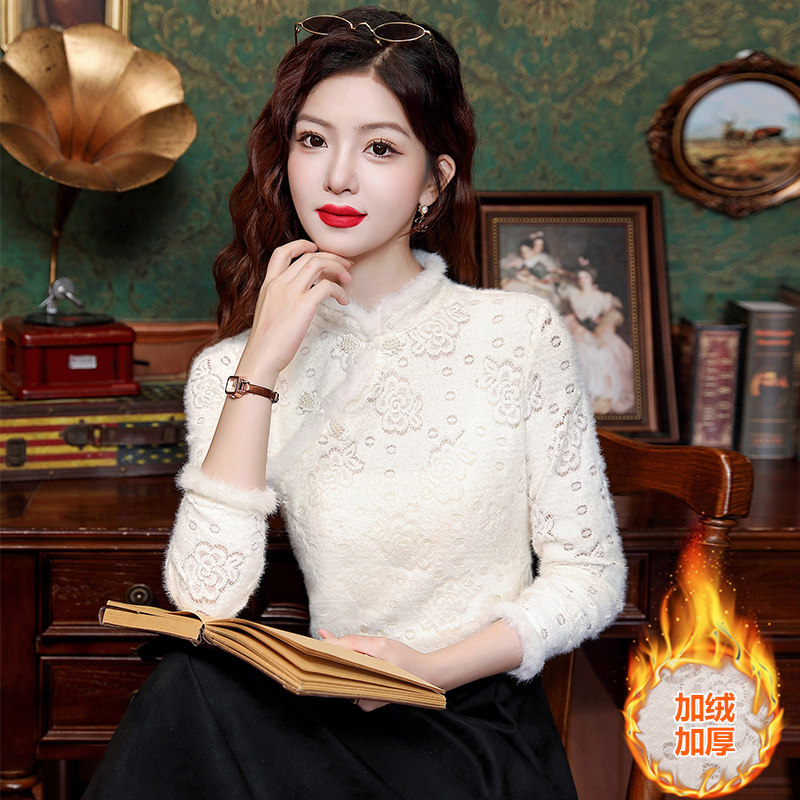 Новая женская рубашка в китайском стиле с бархатным воротником-стойкой и кружевным низом для сохранения тепла осенью и зимой, высококачественная маленькая рубашка с плотным верхом