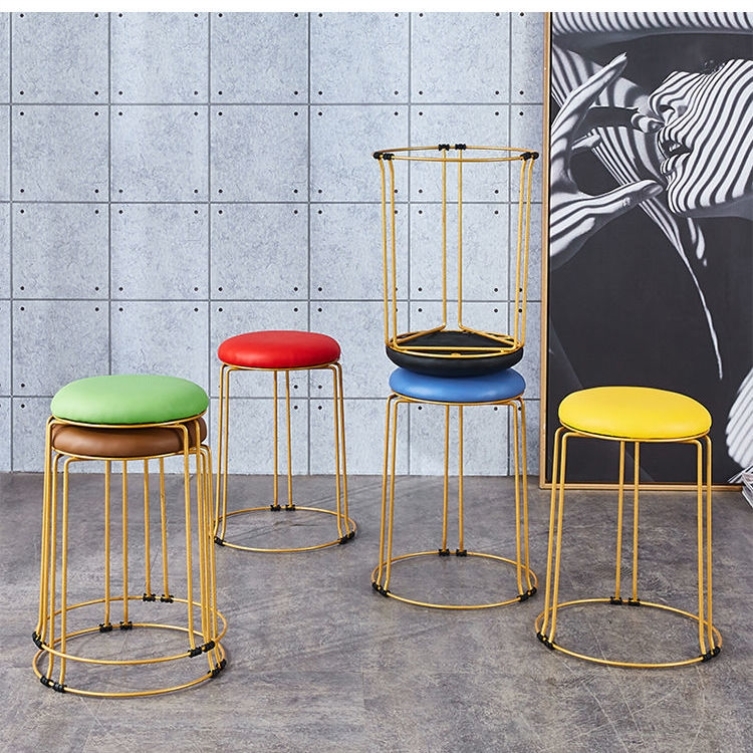 Nordic stool ins light luxury steel stool simple net red fabric thickened high round stool fashion golden dining table bench