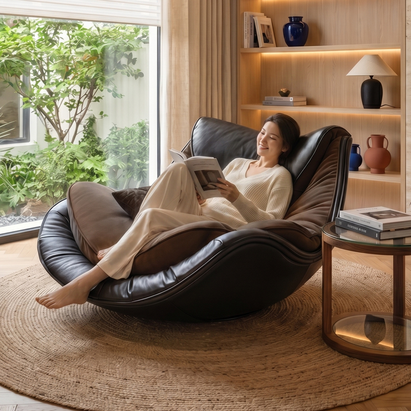 Italian Minimalist Genuine Leather Lazy Sofa Chair for Living Room and Balcony, Reclining and Sleeping, Single Recliner, Trendy Light Luxury Leisure Chair